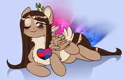 Size: 3000x1928 | Tagged: safe, artist:helemaranth, derpibooru import, oc, oc:helemaranth, unofficial characters only, pegasus, pony, bisexual pride flag, female, lgbt, mare, one eye closed, polyamory, pride, prone, rcf community, solo