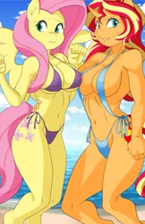 Size: 1155x1785 | Tagged: suggestive, artist:the-unicorn-lord, derpibooru import, fluttershy, sunset shimmer, anthro, pegasus, unguligrade anthro, unicorn, absolute cleavage, belly button, bikini, breasts, busty fluttershy, busty sunset shimmer, cleavage, clothes, cloud, duo, female, females only, lip bite, patreon, patreon reward, sand, sky, swimsuit, water
