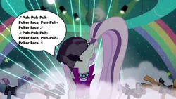 Size: 1280x720 | Tagged: safe, derpibooru import, edit, edited screencap, screencap, coloratura, limelight, smooth move, spectrum shades, turbo bass, pony, season 5, the mane attraction, backup dancers, big clothes, big hair, countess coloratura, dialogue, false eyelashes, fog, lady gaga, lights, music notes, poker face (song), rainbow, singing, song reference, speech bubble, stage, the spectacle, veil