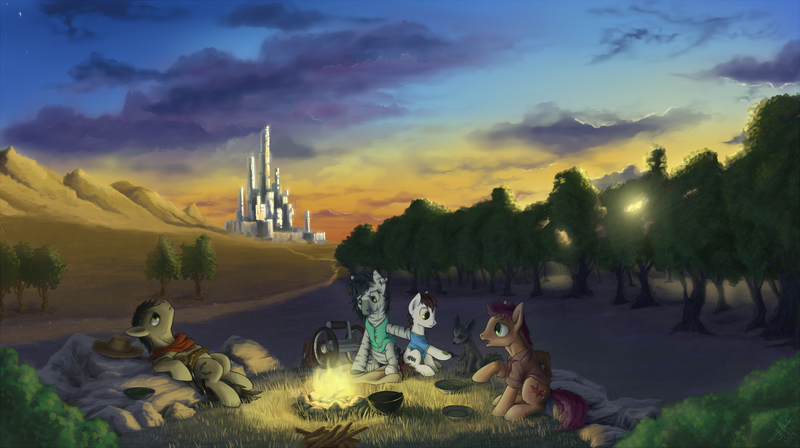 Size: 1920x1074 | Tagged: safe, artist:1jaz, derpibooru import, ponified, earth pony, pony, zebra, bandana, belt, campfire, city, clothes, colt, eddie dean, forest, frown, grass, hat, jake the dog, lidded eyes, looking up, male, open mouth, oy, raised hoof, roland deschain, scenery, shirt, sitting, smiling, stallion, sunset, susannah dean, the dark tower, tree, wheelchair