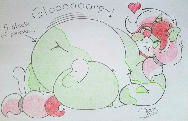 Size: 3968x2552 | Tagged: questionable, artist:dorky-oreo-pone, derpibooru import, oc, oc:clover, unofficial characters only, pony, belly, belly button, big belly, blushing, chubby cheeks, fat, fat fetish, female, fetish, huge belly, lying down, morbidly obese, obese, signature, solo, solo female, squishy, stomach noise, traditional art