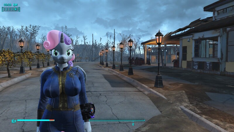 Size: 1600x900 | Tagged: 3d, alicorn, alicornified, anthro, artist:alushythetyrant, breasts, busty sweetie belle, clothes, derpibooru import, fallout, fallout 4, fallout 4 equestria mod, heads up display, pipboy, race swap, safe, sanctuary hills, screencap, sweetie belle, sweetiecorn, vault suit