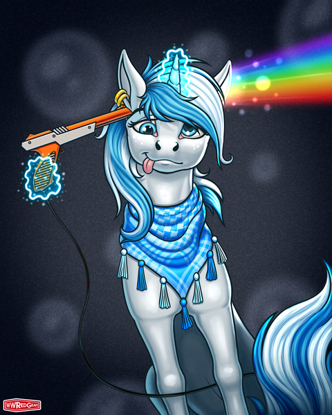 Size: 1536x1920 | Tagged: safe, artist:wwredgrave, derpibooru import, oc, oc:snowflake, unofficial characters only, pony, unicorn, bandana, clothes, commission, derp, female, gun, handgun, kufiya, levitation, magic, nes zapper, nintendo, pistol, rainbow, ring, sitting, solo, telekinesis, tongue out, toy gun, weapon, zapper