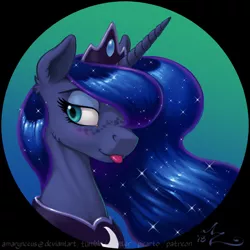 Size: 1200x1200 | Tagged: safe, artist:amarynceus, deleted from derpibooru, derpibooru import, princess luna, alicorn, pony, :p, blushing, bust, cheek fluff, crown, cute, ear fluff, eyelashes, eyeshadow, female, freckles, jewelry, lidded eyes, lunabetes, makeup, mare, regalia, sideways glance, silluna, silly, smiling, solo, tongue out