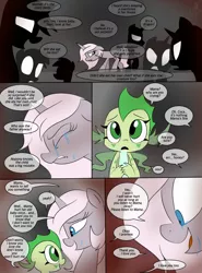 Size: 900x1214 | Tagged: semi-grimdark, artist:emositecc, derpibooru import, oc, oc:coca, oc:nebula, unofficial characters only, dragon, pony, unicorn, comic:empty halls, baby, baby dragon, comic, crying, dialogue, female, mare, nightmare, silhouette