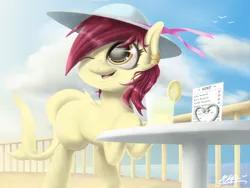 Size: 2000x1500 | Tagged: artist:phoenixrk49, cloud, derpibooru import, hat, looking up, menu, monster mare, oc, one eye closed, original species, safe, shark pony, smiling, summer, sun hat, table, unofficial characters only, wink