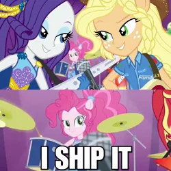 Size: 1080x1080 | Tagged: safe, derpibooru import, edit, edited screencap, screencap, applejack, pinkie pie, rarity, equestria girls, equestria girls series, rollercoaster of friendship, discovery family logo, drums, female, forceing canon, i ship it, lesbian, meme, microphone, offscreen character, ponied up, rarijack, shipper on deck, shipping, shipping fuel