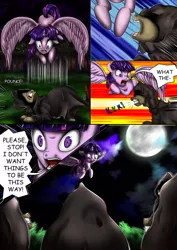 Size: 4299x6071 | Tagged: semi-grimdark, artist:candyclumsy, derpibooru import, twilight sparkle, twilight sparkle (alicorn), alicorn, pony, comic:curse and madness, absurd resolution, ambiguous gender, angry, biting, cloak, clothes, comic, cultist, dark, female, flying, forest, hooded cape, mare, mlpcam, moon, night, text bubbles