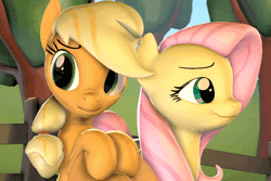 Size: 720x480 | Tagged: safe, artist:hellhounds04, derpibooru import, applejack, fluttershy, earth pony, pegasus, pony, 3d, animated, appleshy, cute, daaaaaaaaaaaw, expressions, female, jackabetes, kiss on the cheek, kissing, lesbian, mare, scrunchy face, shipping, shrunken pupils, shyabetes, silly, silly pony, source filmmaker, surprise kiss, surprised, who's a silly pony