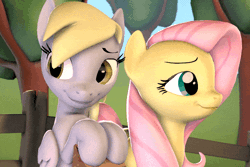 Size: 720x480 | Tagged: safe, artist:hellhounds04, derpibooru import, derpy hooves, fluttershy, pegasus, pony, 3d, animated, cute, derpabetes, derpyshy, female, kiss on the cheek, kissing, lesbian, mare, scrunchy face, shipping, shyabetes, source filmmaker, surprise kiss, surprised