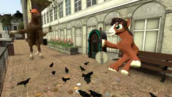 Size: 1280x720 | Tagged: 3d, artist:horsesplease, banjo, bipedal, bird, crow, derpibooru import, epona, generic epona, gmod, hat, horse, jukebox, musical instrument, oc, oc:daphne, safe, shipping, the legend of zelda, trouble shoes