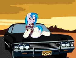 Size: 6600x5100 | Tagged: safe, artist:desmond-some, derpibooru import, vinyl scratch, pony, unicorn, absurd resolution, car, chevrolet, chevrolet impala, clothes, female, looking at you, outdoors, shirt, smiling, solo, wrong eye color