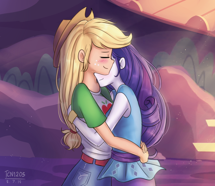 Size: 1500x1300 | Tagged: safe, artist:tcn1205, derpibooru import, applejack, rarity, equestria girls, equestria girls series, rollercoaster of friendship, blushing, cowboy hat, cute, daaaaaaaaaaaw, eyes closed, female, hat, hug, humanized, jackabetes, lesbian, love, pony coloring, raribetes, rarijack, scene interpretation, shipping