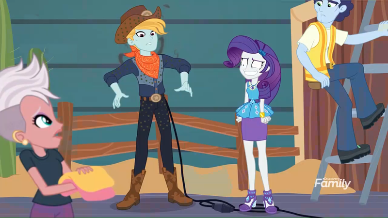 Size: 1366x768 | Tagged: safe, derpibooru import, screencap, candyberry, rarity, equestria girls, equestria girls series, rollercoaster of friendship, background human, cowboy, faic, geode of shielding, nervous, rarisnap