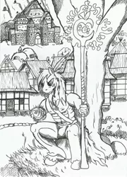 Size: 1648x2288 | Tagged: anthro, artist:witkacy1994, big macintosh, crossover, derpibooru import, heroes of might and magic, heroes of might and magic 3, male, monochrome, rampart, safe, solo, traditional art