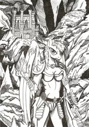 Size: 1640x2336 | Tagged: alicorn, anthro, artist:witkacy1994, crossbow, crossover, derpibooru import, dungeon, female, heroes of might and magic, heroes of might and magic 3, monochrome, princess luna, safe, solo, traditional art