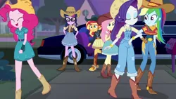 Size: 1280x720 | Tagged: safe, derpibooru import, screencap, fluttershy, pinkie pie, rainbow dash, rarity, sci-twi, sunset shimmer, twilight sparkle, equestria girls, equestria girls series, five to nine, bandana, boots, clothes, cowboy boots, cowboy hat, cowgirl, dress, farmer pinkie, female, hat, limousine, mailbox, overalls, serape, spurs