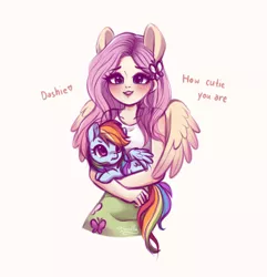 Size: 3850x4000 | Tagged: safe, artist:dressella, derpibooru import, fluttershy, rainbow dash, butterfly, pegasus, pony, equestria girls, cute, cutie mark clothes, cutie mark on clothes, dashabetes, engrish, female, flutterdash, heart, holding a pony, lesbian, mare, pink background, ponied up, shipping, signature, simple background, square crossover, wings