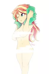 Size: 1000x1511 | Tagged: artist:0ndshok, breasts, busty sunset shimmer, censored, derpibooru import, female, human, humanized, nudity, one eye closed, shower, simple background, solo, solo female, steam censor, suggestive, sunset shimmer, white background