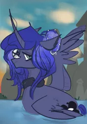 Size: 540x764 | Tagged: safe, artist:incapacitatedvixen, derpibooru import, princess luna, alicorn, duck pony, pony, castle, curved horn, female, folded wings, horn, mare, moonbutt, royalty, solo, sparkle, sunset, swimming, water, water fowl