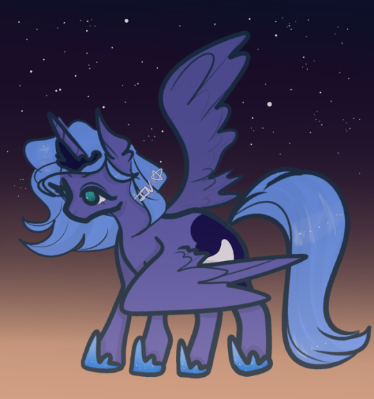 Size: 540x576 | Tagged: safe, artist:incapacitatedvixen, derpibooru import, princess luna, alicorn, pony, female, hoof shoes, mare, royalty, s1 luna, side view, solo, sparkle, spread wings, sunset, wings