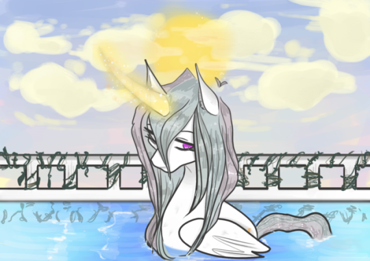 Size: 540x381 | Tagged: safe, artist:incapacitatedvixen, derpibooru import, princess celestia, alicorn, duck pony, pony, cloud, female, folded wings, magic, magic aura, mare, royalty, solo, sunrise, swanlestia, swimming, vine, water, water fowl, wet, wet mane