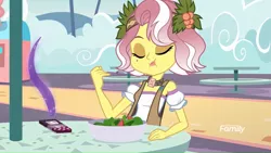 Size: 1366x768 | Tagged: safe, derpibooru import, screencap, vignette valencia, equestria girls, equestria girls series, rollercoaster of friendship, discovery family logo, eating, food, magic, mobile phone, phone, salad, smartphone, stress salad