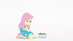 Size: 1366x768 | Tagged: safe, derpibooru import, fluttershy, equestria girls, equestria girls series, rollercoaster of friendship, alone, feet, female, food, geode of fauna, kneeling, salad, sandals, solo, stress salad