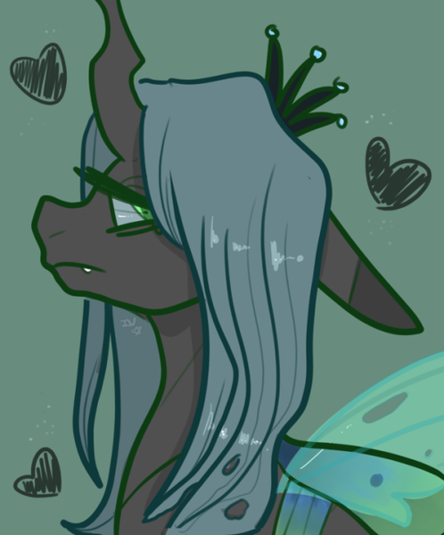 Size: 540x651 | Tagged: artist:incapacitatedvixen, bust, changeling, changeling queen, derpibooru import, female, green background, heart, portrait, queen chrysalis, safe, simple background, smug, solo