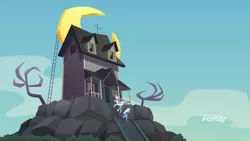 Size: 1366x768 | Tagged: safe, derpibooru import, bon bon, lyra heartstrings, sweetie drops, trixie, equestria girls, equestria girls series, rollercoaster of friendship, background human, crescent moon, equestria land, haunted house, house, moon, running, scared