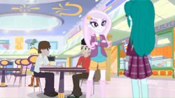 Size: 1366x768 | Tagged: safe, derpibooru import, screencap, applejack, cold forecast, fleur-de-lis, equestria girls, equestria girls series, rollercoaster of friendship, background human, canterlot mall, mall