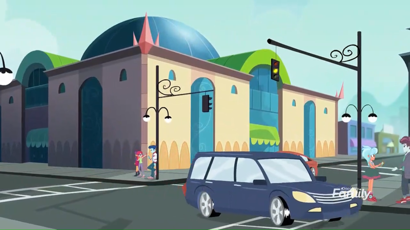 Size: 1366x768 | Tagged: safe, derpibooru import, screencap, curly winds, some blue guy, track starr, equestria girls, equestria girls series, rollercoaster of friendship, architecture, background human, building, canterlot mall, car, mall