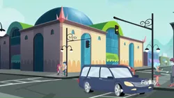 Size: 1366x768 | Tagged: safe, derpibooru import, screencap, curly winds, some blue guy, track starr, equestria girls, equestria girls series, rollercoaster of friendship, architecture, background human, building, canterlot mall, car, mall