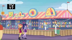 Size: 1366x768 | Tagged: safe, derpibooru import, screencap, flam, flim, sandalwood, sci-twi, sunset shimmer, twilight sparkle, equestria girls, equestria girls series, rollercoaster of friendship, background human, flim flam brothers, geode of empathy, geode of telekinesis, magical geodes, offscreen character, tv rating