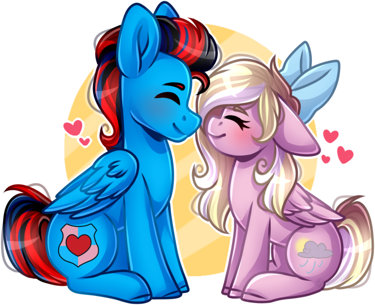 Size: 1989x1619 | Tagged: safe, artist:grapegrass, derpibooru import, oc, oc:andrew swiftwing, oc:bay breeze, unofficial characters only, pegasus, pony, boop, bow, couple, cute, eyes closed, female, hair bow, heart, male, mare, oc x oc, shipping, side view, simple background, smiling, stallion, straight, swiftbreeze, transparent background, wings