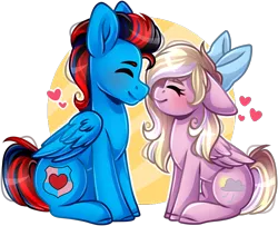 Size: 1989x1619 | Tagged: safe, artist:grapegrass, derpibooru import, oc, oc:andrew swiftwing, oc:bay breeze, unofficial characters only, pegasus, pony, boop, bow, couple, cute, eyes closed, female, hair bow, heart, male, mare, oc x oc, shipping, side view, simple background, smiling, stallion, straight, swiftbreeze, transparent background, wings