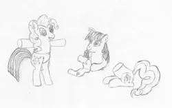 Size: 1519x956 | Tagged: safe, artist:thekman100, derpibooru import, pinkie pie, twilight sparkle, earth pony, pony, unicorn, bipedal, female, for science, half, lineart, magic, mare, modular, monochrome, partial body swap, pencil drawing, quill pen, scroll, telekinesis, traditional art