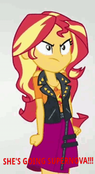 Size: 394x720 | Tagged: safe, derpibooru import, edit, sunset shimmer, equestria girls, equestria girls series, rollercoaster of friendship, angry, animated, catasterism, gif, sunshine shimmer, supernova, text edit