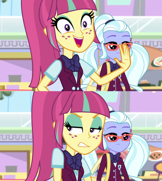 Size: 960x1072 | Tagged: safe, derpibooru import, screencap, sour sweet, sugarcoat, dance magic, equestria girls, spoiler:eqg specials, bipolar, bowtie, clothes, crystal prep academy uniform, faic, freckles, pigtails, ponytail, school uniform, twintails