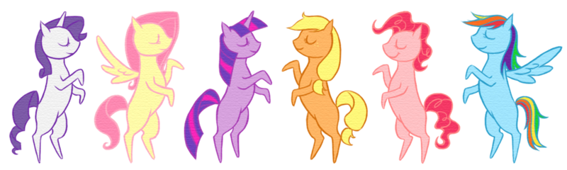 Size: 1000x300 | Tagged: safe, artist:cheshire-no-neko, derpibooru import, applejack, fluttershy, pinkie pie, rainbow dash, rarity, twilight sparkle, pony, eyes closed, mane six, minimalist, pointy ponies, rearing, side view, simple background, transparent background