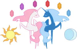 Size: 479x305 | Tagged: safe, artist:cheshire-no-neko, derpibooru import, princess celestia, princess luna, alicorn, pony, duo, duo female, elements of harmony, female, minimalist, modern art, moon, raised hoof, royal sisters, side view, simple background, sisters, sun, transparent background