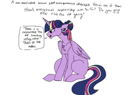 Size: 1024x768 | Tagged: safe, artist:ficklepickle9421, derpibooru import, twilight sparkle, twilight sparkle (alicorn), alicorn, pony, series:sunlightsentry weekly, angry, answer, implied lesbian, implied sci-twi, implied shipping, implied sunset shimmer, implied sunsetsparkle, noodle incident, rainbow power