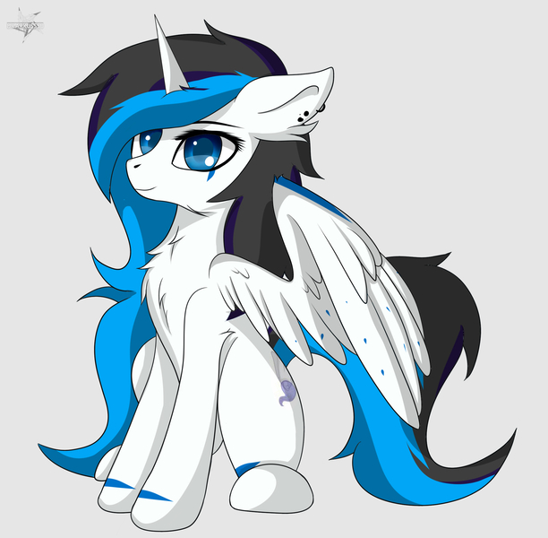 Size: 2202x2160 | Tagged: safe, artist:drarkusss0, derpibooru import, oc, oc:magic dash, unofficial characters only, alicorn, pony, alicorn oc, art trade, ear piercing, female, piercing, simple background, sitting, smiling, white background