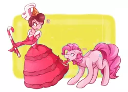 Size: 5784x4183 | Tagged: safe, artist:ggchristian, derpibooru import, pinkie pie, pony, ..., absurd resolution, baroness von bon bon, candy, candy cane, clothes, crossover, cuphead, dress, food, hasbro, hasbro studios, horses doing horse things, licking, studio mdhr, tongue out