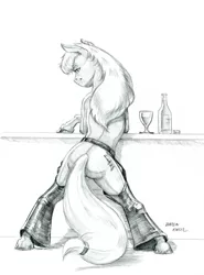 Size: 1000x1350 | Tagged: suggestive, artist:baron engel, derpibooru import, oc, oc:carousel, unofficial characters only, pony, alcohol, ass, assless chaps, bar, chaps, dreamscape, grayscale, hooves on the table, looking at you, looking back, looking back at you, monochrome, pencil drawing, plot, simple background, traditional art, white background, wine