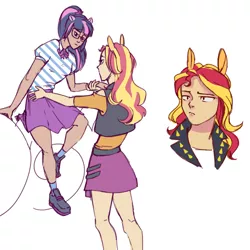 Size: 1024x1024 | Tagged: safe, artist:theorderofalisikus, derpibooru import, sci-twi, sunset shimmer, twilight sparkle, human, equestria girls, equestria girls series, rollercoaster of friendship, bust, eared humanization, female, holding hands, humanized, lesbian, ponied up, scitwishimmer, shipping, sunsetsparkle