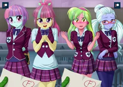 Size: 1414x1000 | Tagged: safe, artist:uotapo, derpibooru import, edit, lemon zest, sour sweet, sugarcoat, sunny flare, oc, oc:anon, equestria girls, adoraflare, begging, blushing, classroom, clothes, crystal prep academy uniform, crystal prep shadowbolts, cute, f, looking at you, open mouth, pipboy, quartet, school uniform, smiling, sourbetes