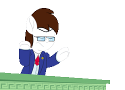 Size: 630x454 | Tagged: safe, artist:aarondrawsarts, derpibooru import, oc, oc:brain teaser, pony, ace attorney, animated, clothes, gif, glasses, lawyer, objection, pointing, shout, simple background, slamming desk, suit, suit and tie, transparent background