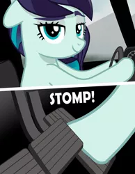 Size: 788x1013 | Tagged: safe, artist:henryqwee, derpibooru import, coloratura, pony, bedroom eyes, blue eyes, car, driving, hooves, looking at you, panel, pedal, rara, stomping