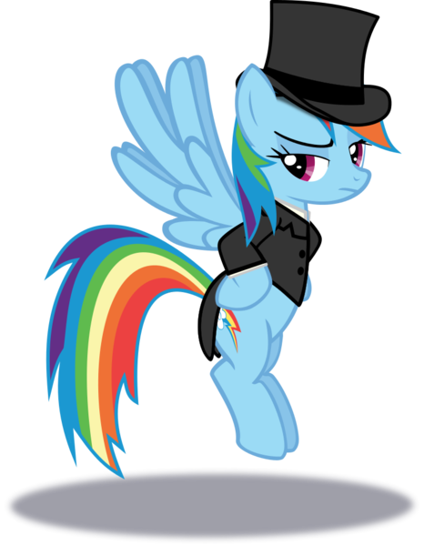 Size: 776x1000 | Tagged: safe, artist:phucknuckl, derpibooru import, rainbow dash, pony, clothes, female, hat, simple background, solo, suit, top hat, transparent background, vector